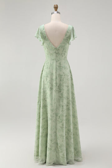 Dusty Sage A Line Short Sleeve Bridesmaid Dress with Slit